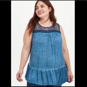 NWT. Torrid Lace trim tank. Gauze mineral wash. Blue. Size 2X.
